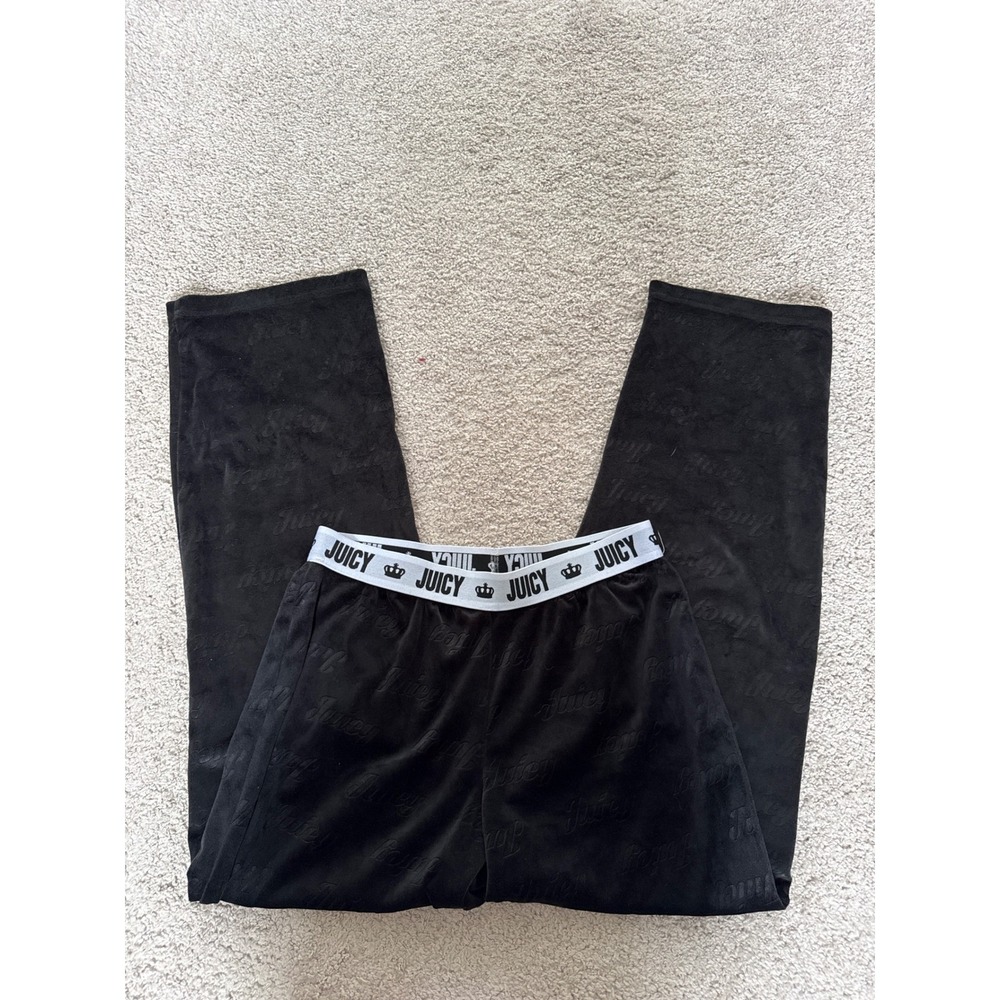 Juicy Couture Black Velour Embossed Logo Lounge Pants‎ Small Y2K Elastic Waist
